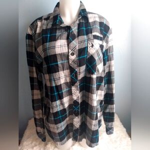 EUC Aeropostale mens size large black/blue/white plaid button down shirt